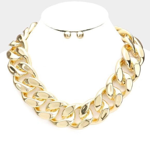 NEW Gold Chunky Bold Chain Necklace Set - Picture 1 of 8